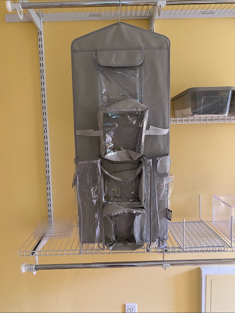 Gray Hanging Closet Organizer with Clear Pockets - Home Storage